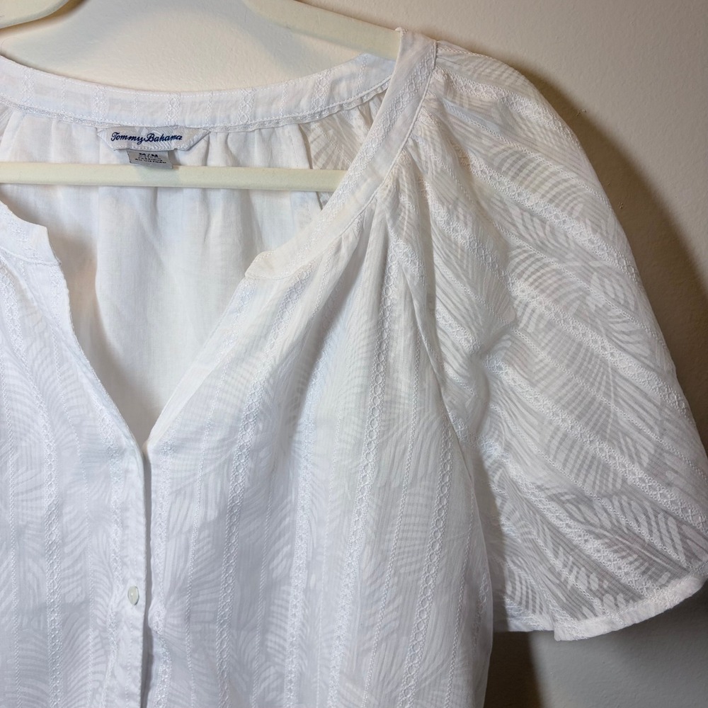 Tommy Bahama Womens White Palm Leaf Jacquard Embroidered Button Down Blouse M